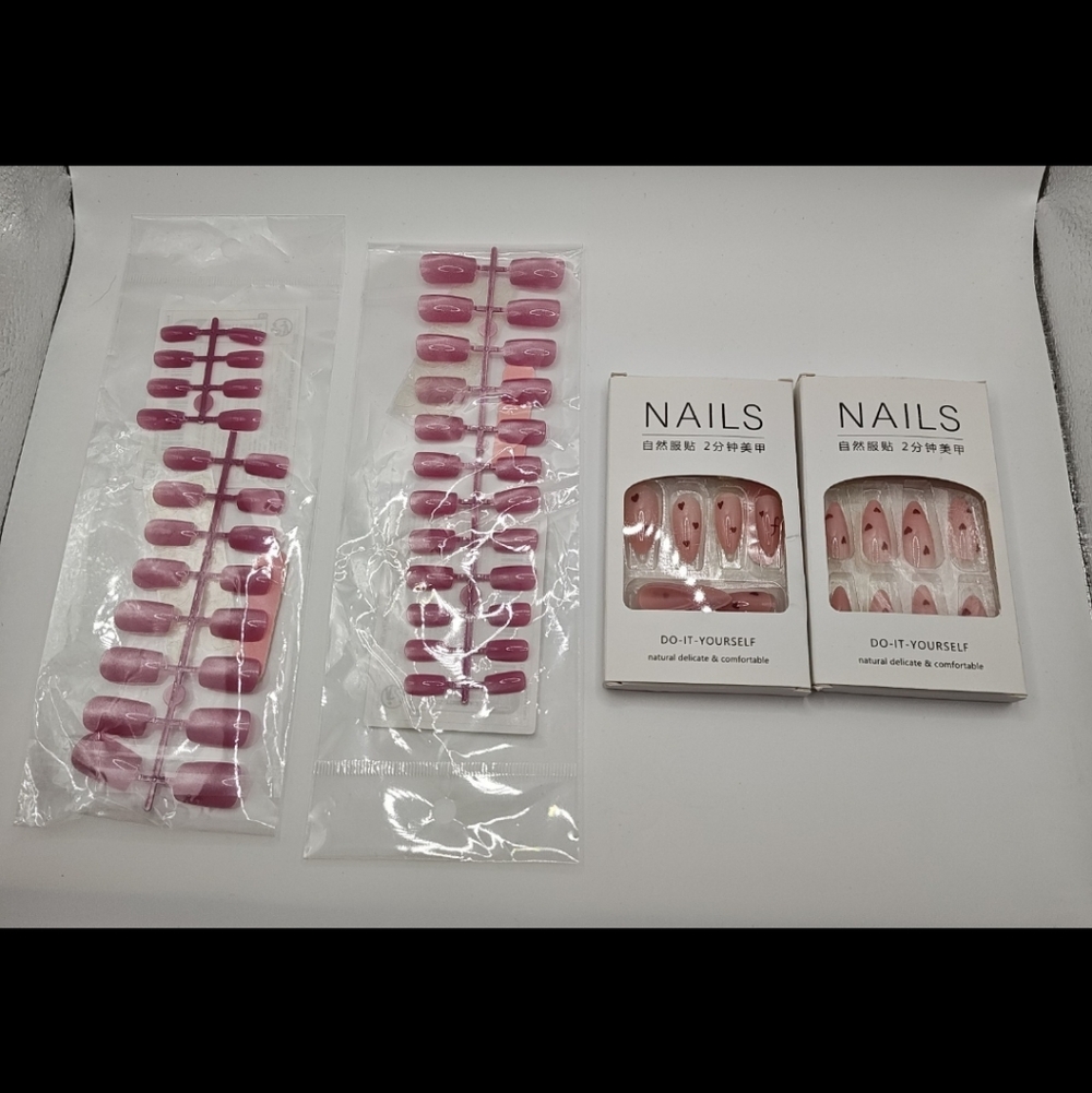 Pink Press-On Nai And Pink With Red Hearts